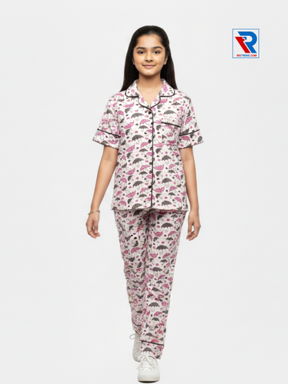 Girls night suit set, ages 7–12, cream top and pyjama pants, front view – RioTrend kids sleepwear highlighting design and comfort.
