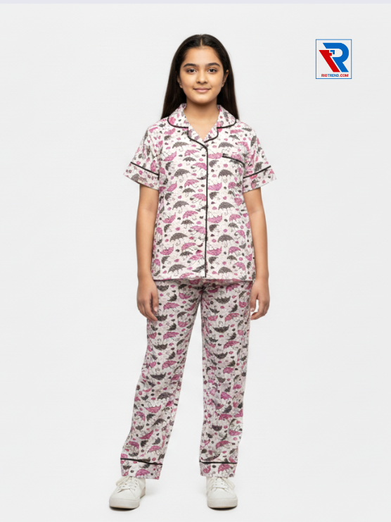 Girls night suit set, ages 7–12, cream top and pyjama pants, relaxed pose view – RioTrend kids sleepwear emphasizing everyday comfort and style.