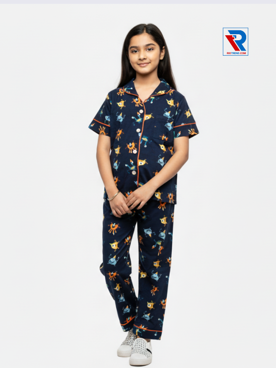 Girls night suit set, ages 7–12, dark deep blue top and pyjama pants, folded‑leg view – RioTrend kids sleepwear showcasing a casual, relaxed pose.