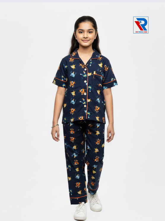 Girls night suit set, ages 7–12, dark deep blue top and pyjama pants, front view – RioTrend kids sleepwear highlighting design and comfort.