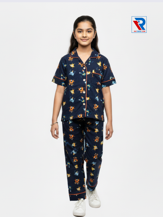 Girls night suit set, ages 7–12, dark deep blue top and pyjama pants, front view – RioTrend kids sleepwear highlighting design and comfort.