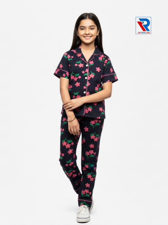 Girls night suit set, ages 7–12, elegant black top and pyjama pants, folded‑arms view – RioTrend kids sleepwear emphasizing a confident, stylish look.
