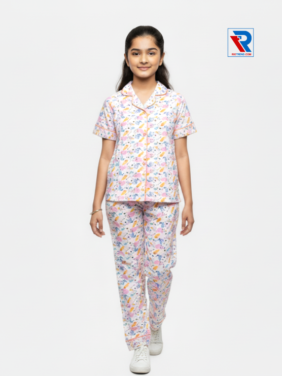 Girls night suit set, ages 7–12, elegant white top and pyjama pants, front view – RioTrend kids sleepwear highlighting design and comfort.