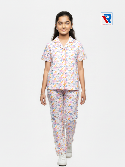 Girls night suit set, ages 7–12, elegant white top and pyjama pants, front view – RioTrend kids sleepwear highlighting design and comfort.