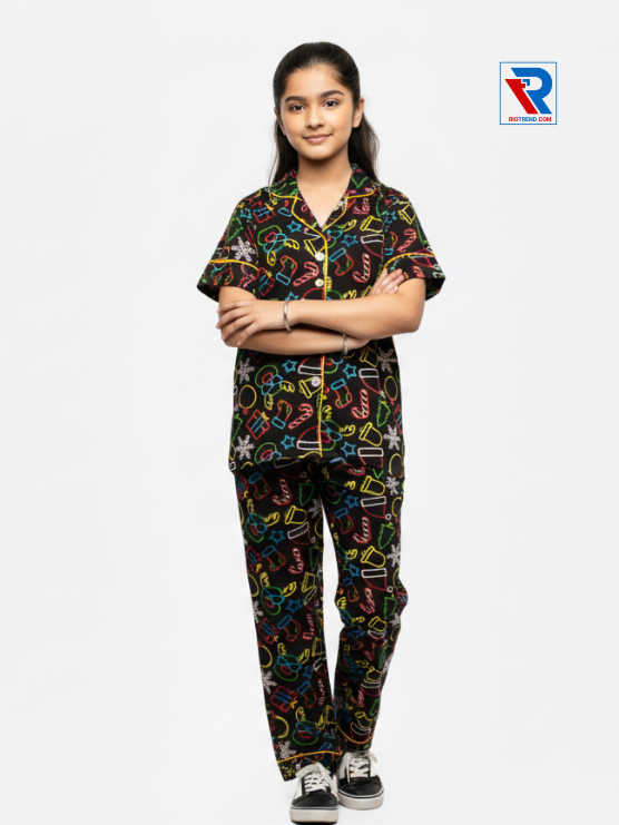 Girls night suit set, ages 7–12, sleek black top and pyjama pants, folded‑arms view – RioTrend kids sleepwear showcasing a casual, confident pose.