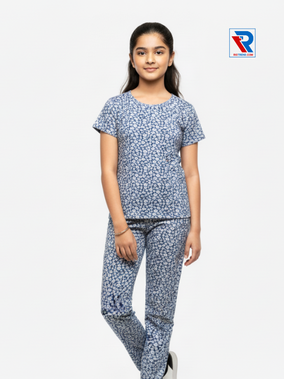Girls pyjama set in blue color, ages 1–12, folded‑leg view – RioTrend kids sleepwear showcasing a casual, relaxed pose.