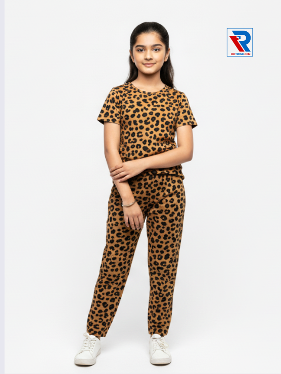 Girls pyjama set in bronze color, ages 1–12, folded‑arms view – RioTrend kids sleepwear showcasing a casual, confident pose.