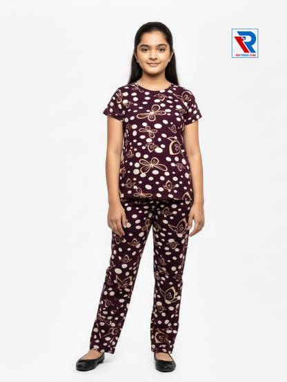 Girls pyjama set in maroon color, ages 1–12, relaxed pose view – RioTrend kids sleepwear showcasing everyday comfort and style.