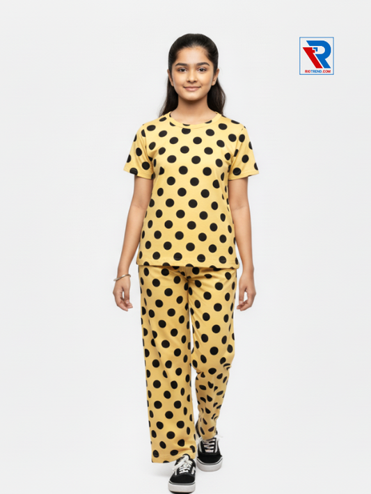 Girls pyjama set in mustard color, ages 1–12, front view – RioTrend kids sleepwear showcasing comfort and style.
