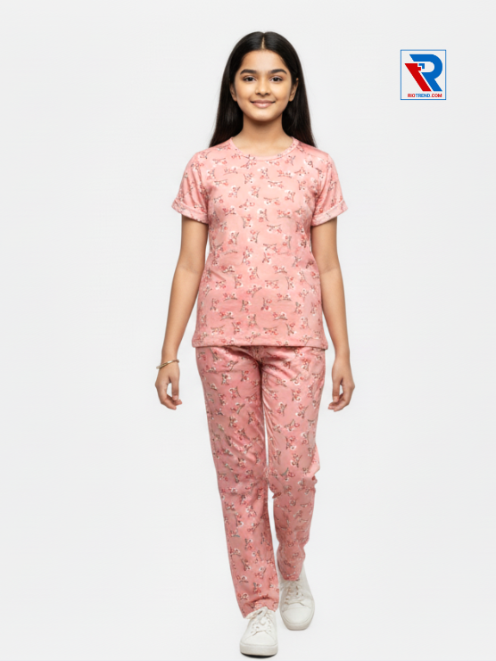 Girls pyjama set in pink color, ages 1–12, front view – RioTrend kids sleepwear highlighting design and comfort.