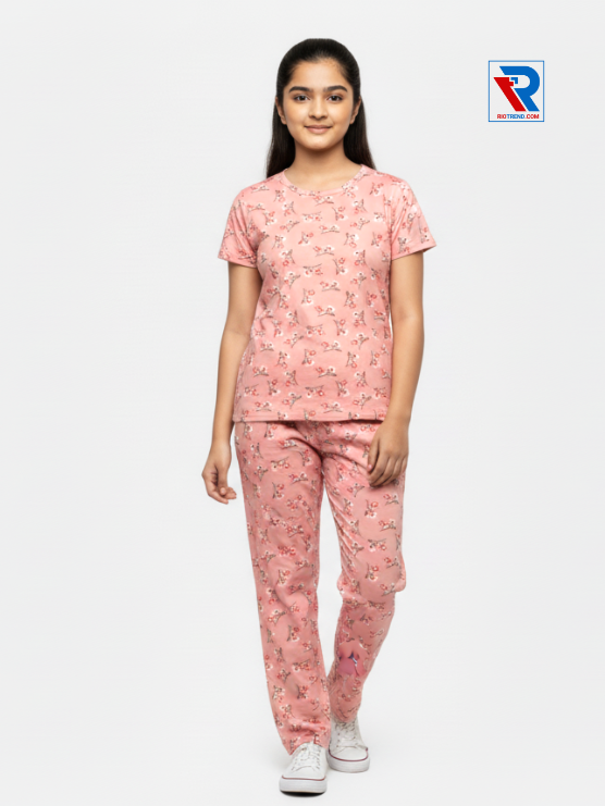 Girls pyjama set in pink color, ages 1–12, relaxed pose view – RioTrend kids sleepwear emphasizing everyday comfort and style.