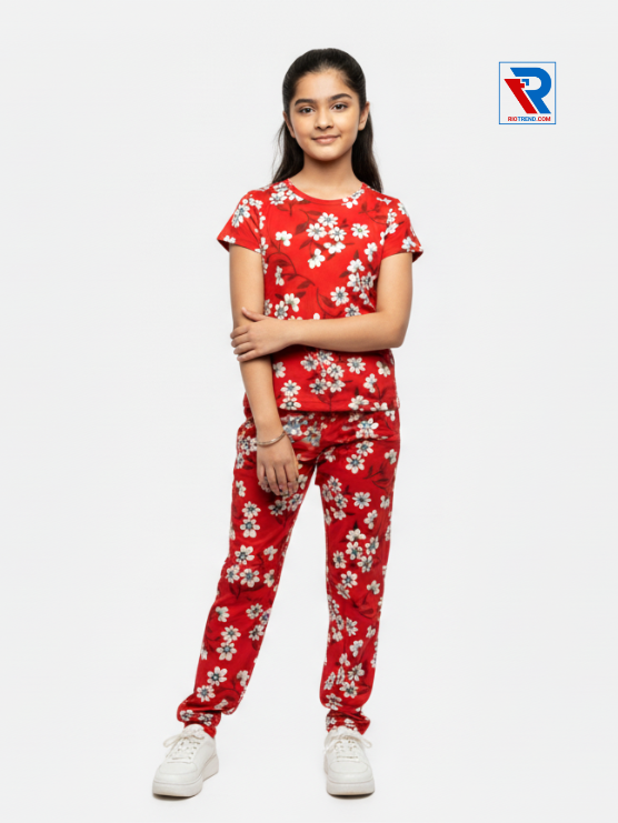 Girls pyjama set in red color, ages 1–12, folded‑arms view – RioTrend kids sleepwear showcasing a casual, confident pose.