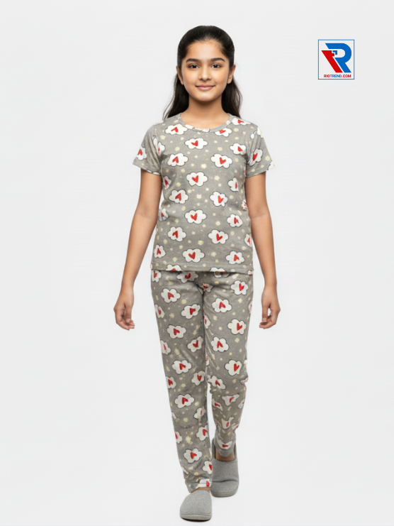 Girls pyjama set in tan color, ages 1–12, relaxed pose view – RioTrend kids sleepwear showcasing everyday comfort and style.