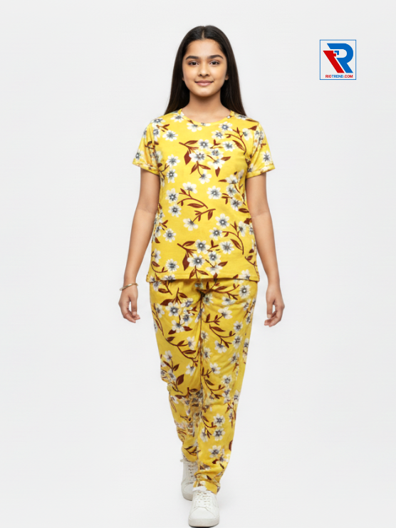 Girls pyjama set in yellow color, ages 1–12, front view – RioTrend kids sleepwear highlighting design and comfort.
