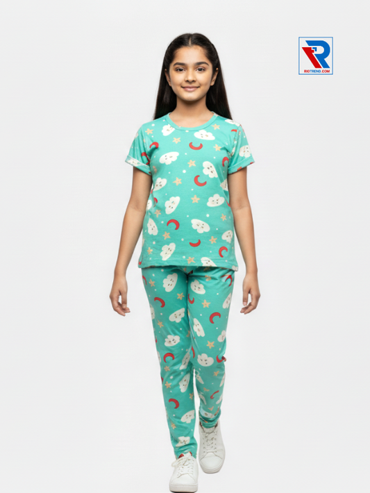 Girls pyjama set in cyan, ages 1–12, front view – RioTrend kids sleepwear showcasing comfortable cotton nightwear.