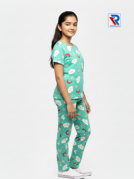 Girls pyjama set in cyan, ages 1–12, standing side view – RioTrend kids sleepwear highlighting fit and comfort.