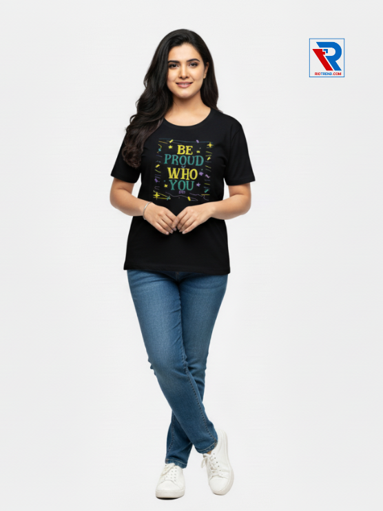 Women's stylish black half-sleeve t-shirt, sizes M-L-XL-XXL, soft cotton casual wear displayed with folded arms and legs, Riotrend.
