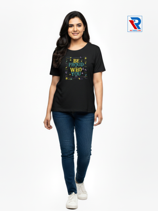 Women's black half-sleeve cotton t-shirt, sizes M-L-XL-XXL, casual everyday wear front view by Riotrend.