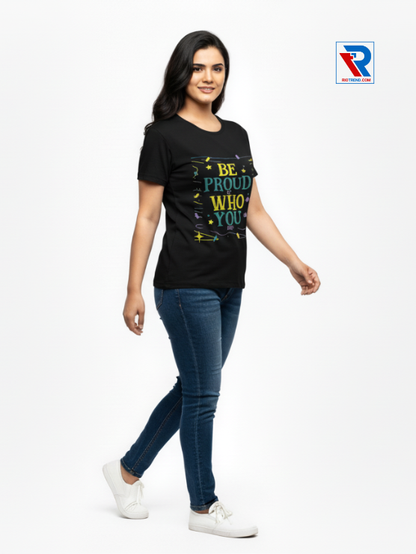 Women's comfortable black half-sleeve t-shirt, sizes M-L-XL-XXL, relaxed side view casual outfit by Riotrend.