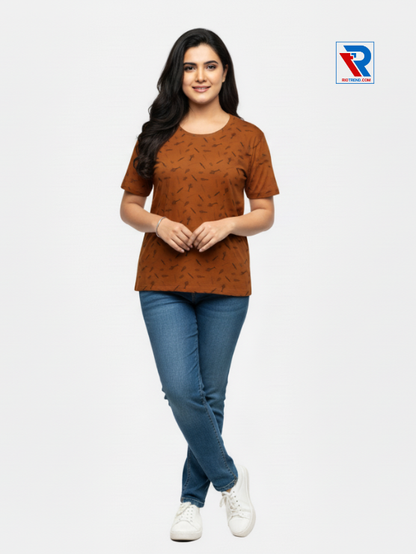 Women's stylish brown half-sleeve t-shirt, sizes M-L-XL-XXL, soft cotton casual wear displayed with folded arms and legs, Riotrend.