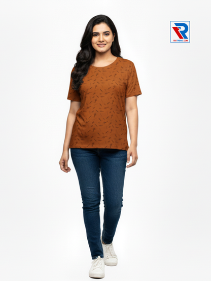 Women's brown half-sleeve cotton t-shirt, sizes M-L-XL-XXL, casual everyday wear front view by Riotrend.