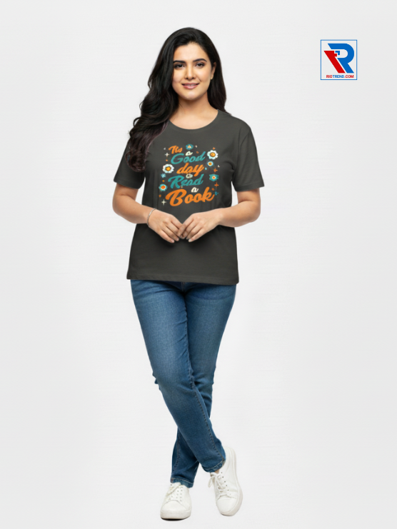 Women's stylish charcoal half-sleeve t-shirt, sizes M-L-XL-XXL, soft cotton casual wear displayed with folded arms and legs, Riotrend.