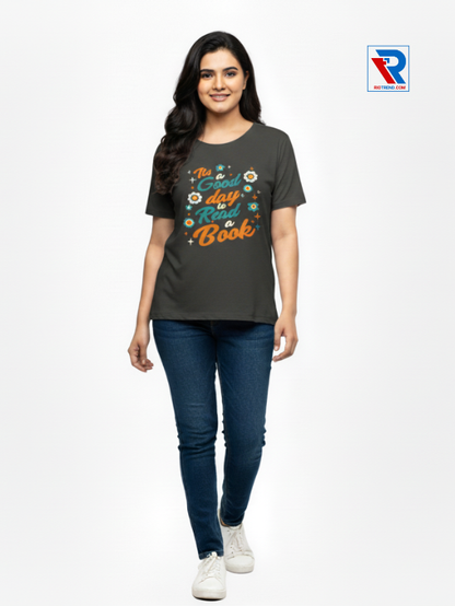 Women's charcoal half-sleeve cotton t-shirt, sizes M-L-XL-XXL, casual everyday wear front view by Riotrend.