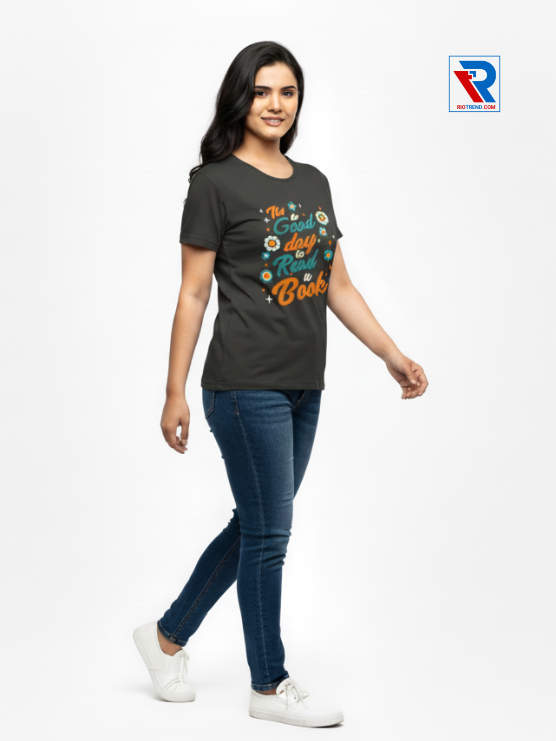 Women's comfortable charcoal half-sleeve t-shirt, sizes M-L-XL-XXL, relaxed side view casual outfit by Riotrend.