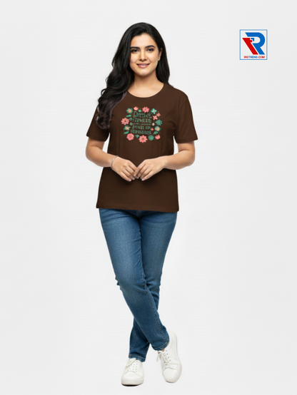 Women's stylish dark brown half-sleeve t-shirt, sizes M-L-XL-XXL, soft cotton casual wear displayed with folded arms and legs, Riotrend.
