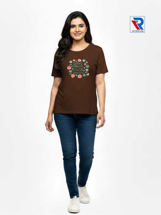 Women's dark brown half-sleeve cotton t-shirt, sizes M-L-XL-XXL, casual everyday wear front view by Riotrend.