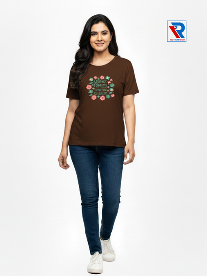 Women's dark brown half-sleeve cotton t-shirt, sizes M-L-XL-XXL, casual everyday wear front view by Riotrend.