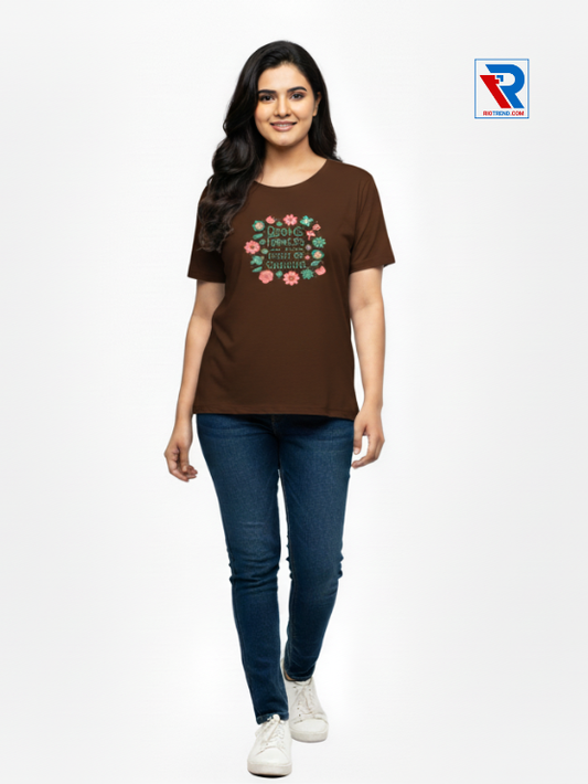 Women's dark brown half-sleeve cotton t-shirt, sizes M-L-XL-XXL, casual everyday wear front view by Riotrend.