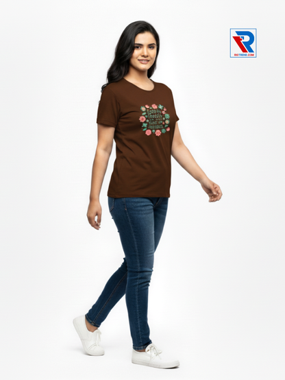 Women's comfortable dark brown half-sleeve t-shirt, sizes M-L-XL-XXL, relaxed side view casual outfit by Riotrend.