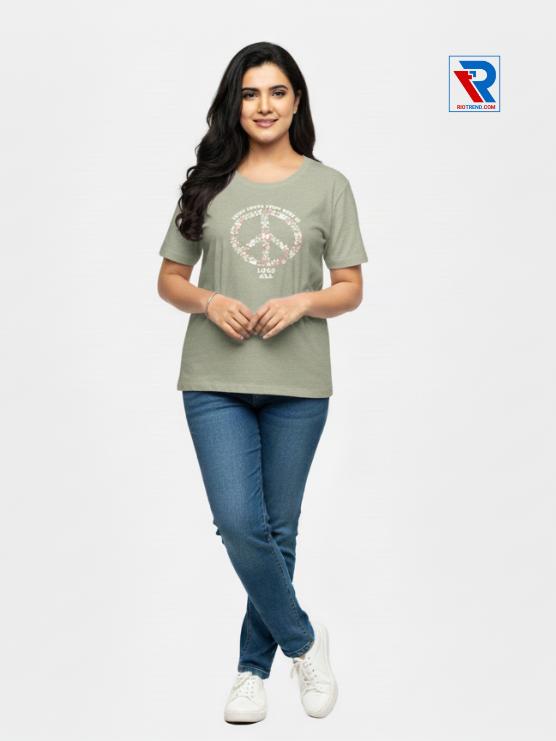 Women's stylish gray half-sleeve t-shirt, sizes M-L-XL-XXL, soft cotton casual wear displayed with folded arms and legs, Riotrend.