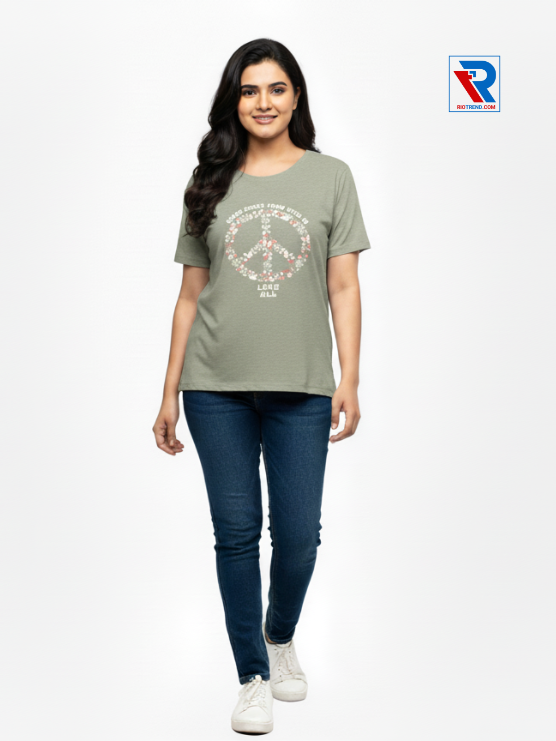 Women's gray half-sleeve cotton t-shirt, sizes M-L-XL-XXL, casual everyday wear front view by Riotrend.