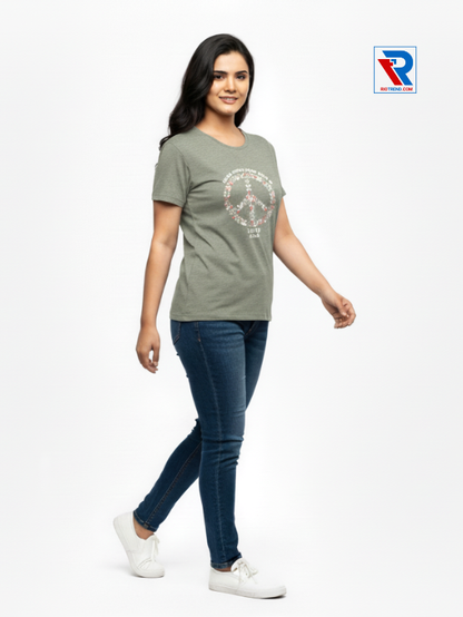 Women's comfortable gray half-sleeve t-shirt, sizes M-L-XL-XXL, relaxed side view casual outfit by Riotrend.