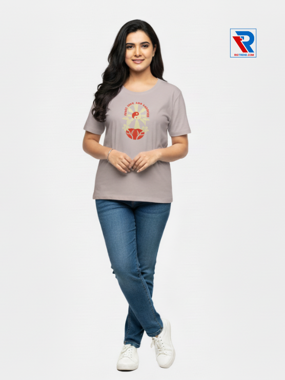 Women's stylish lavender half-sleeve t-shirt, sizes M-L-XL-XXL, soft cotton casual wear displayed with folded arms and legs, Riotrend.