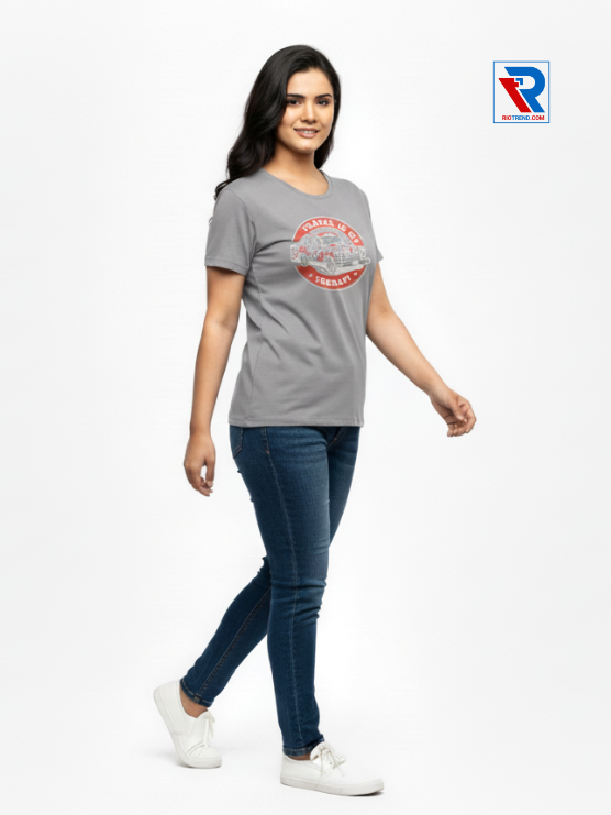 Women's half sleeve mauve t-shirt relaxed side profile, sizes M L XL XXL, Riotrend stylish everyday outfit.