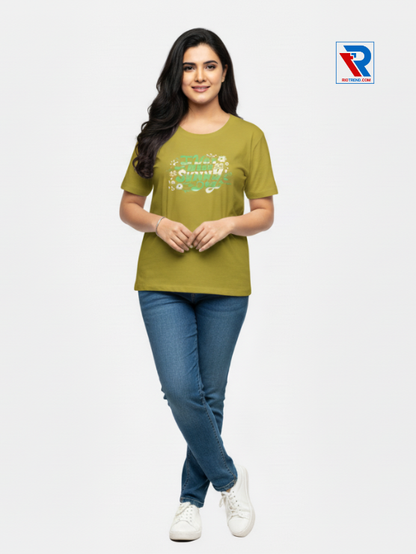 Women's stylish mustard half-sleeve t-shirt, sizes M-L-XL-XXL, soft cotton casual wear displayed with folded arms and legs, Riotrend.