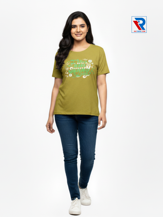 Women's mustard half-sleeve cotton t-shirt, sizes M-L-XL-XXL, casual everyday wear front view by Riotrend.