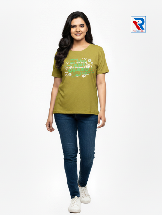 Women's mustard half-sleeve cotton t-shirt, sizes M-L-XL-XXL, casual everyday wear front view by Riotrend.