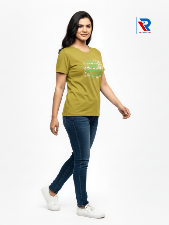 Women's comfortable mustard half-sleeve t-shirt, sizes M-L-XL-XXL, relaxed side view casual outfit by Riotrend.