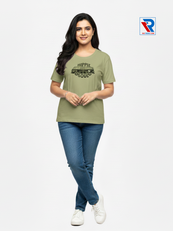 Women's stylish olive half-sleeve t-shirt, sizes M-L-XL-XXL, soft cotton casual wear displayed with folded arms and legs, Riotrend.