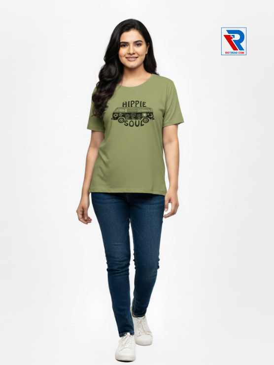 Women's olive half-sleeve cotton t-shirt, sizes M-L-XL-XXL, casual everyday wear front view by Riotrend.