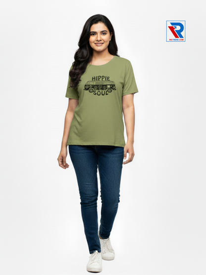 Women's olive half-sleeve cotton t-shirt, sizes M-L-XL-XXL, casual everyday wear front view by Riotrend.
