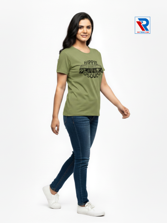Women's comfortable olive half-sleeve t-shirt, sizes M-L-XL-XXL, relaxed side view casual outfit by Riotrend.