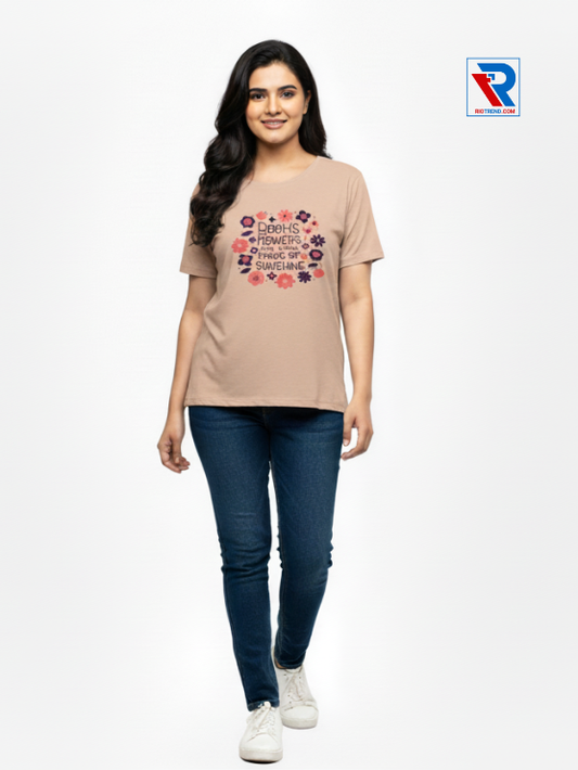 Women's peach half-sleeve cotton t-shirt, sizes M-L-XL-XXL, casual everyday wear front view by Riotrend.