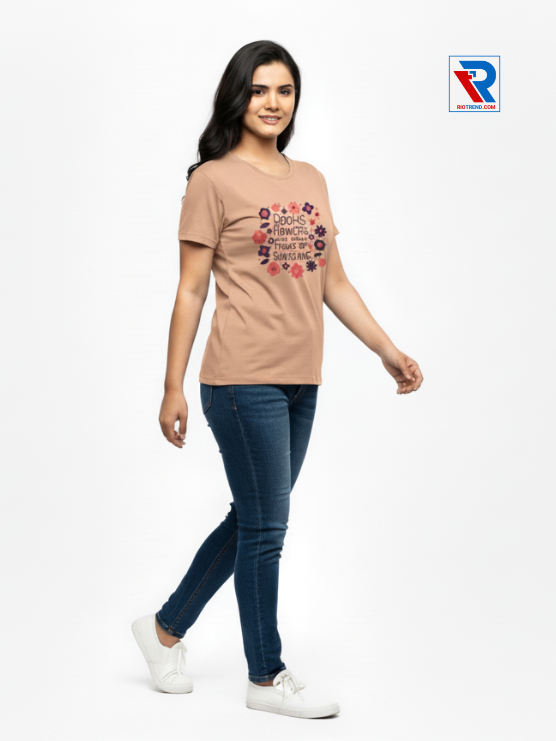 Women's comfortable peach half-sleeve t-shirt, sizes M-L-XL-XXL, relaxed side view casual outfit by Riotrend.