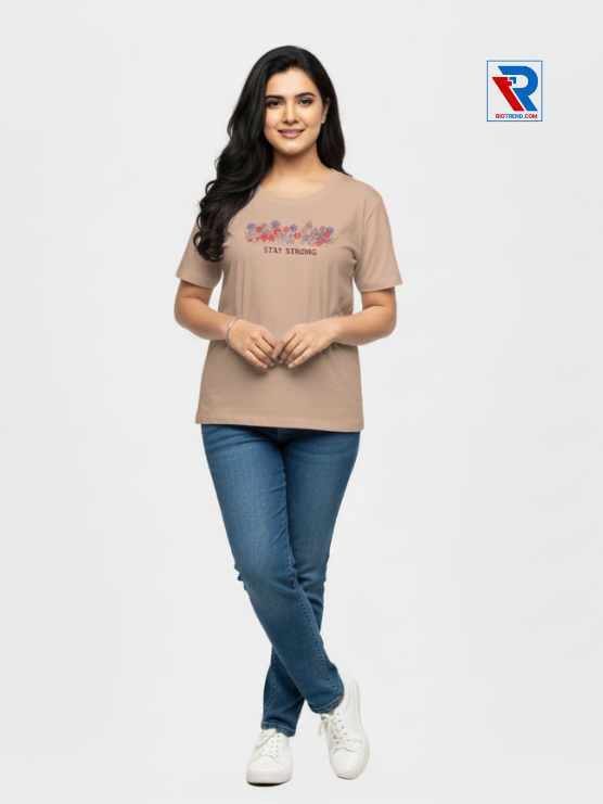 Women's tan half-sleeve t-shirt, sizes M-L-XL-XXL, displayed with folded arms and legs styling, Riotrend.