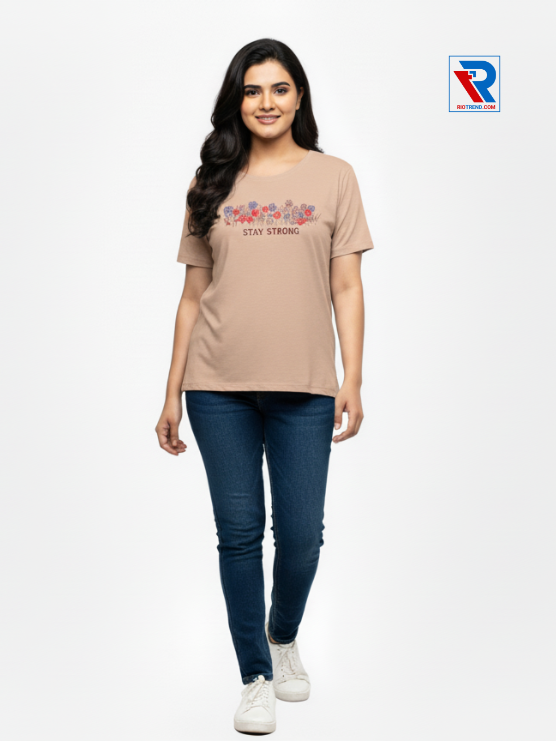 Women's half-sleeve t-shirt in tan color, sizes M-L-XL-XXL, front view by Riotrend.